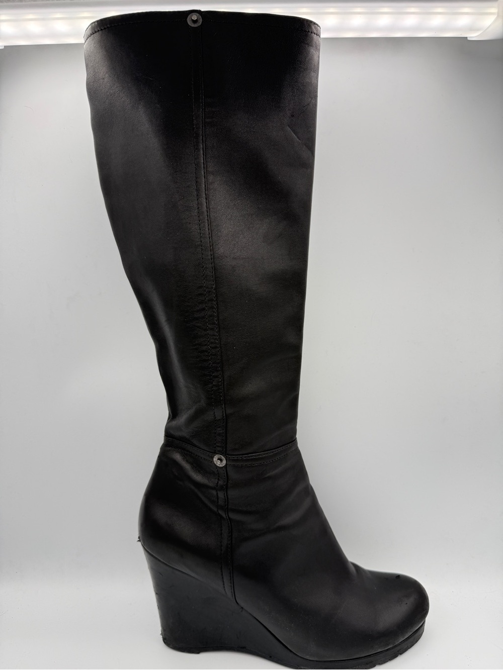 *Authentic* Prada Sport Black Leather Wedge Boots Knee High Quiet Luxury 39